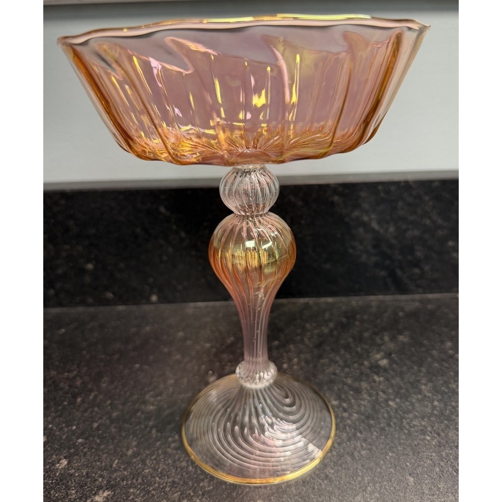 Bimini Art Glass Footed Nut Dish Delicate Hollow Stem Swirl Design Compote Champ - Picture 5 of 7